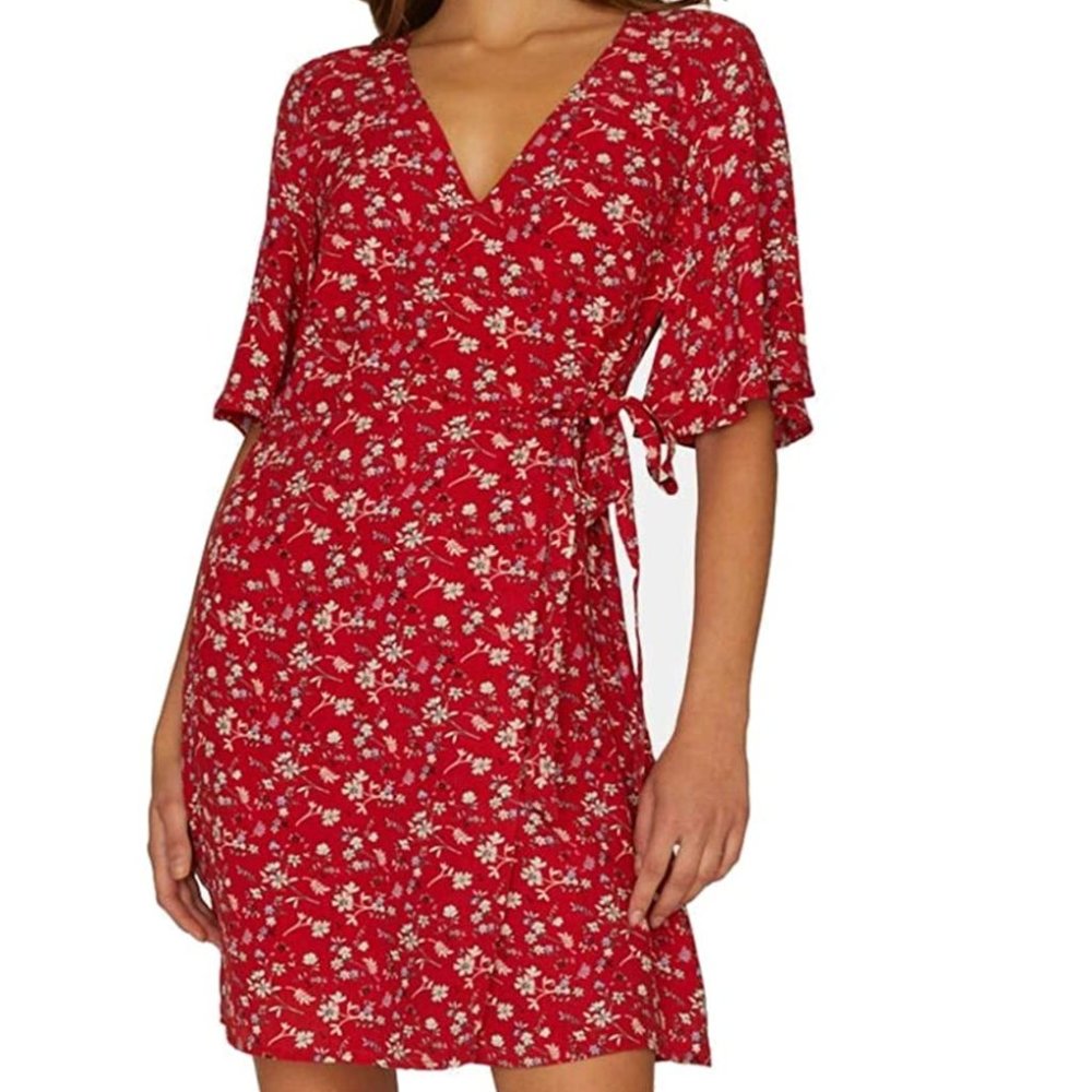 Sanctuary Floral Faux Wrap Red Dress